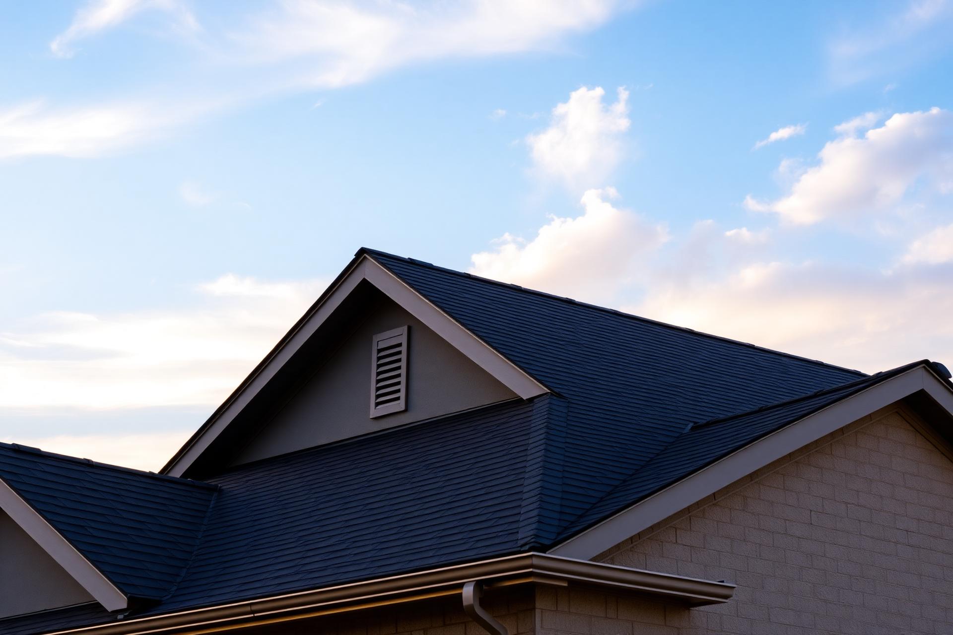 Sharp dark shingle roof line on a San Antonio home at golden hour